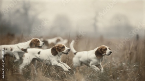 Hunters Walking Through Foggy Field With Dogs in Autumn