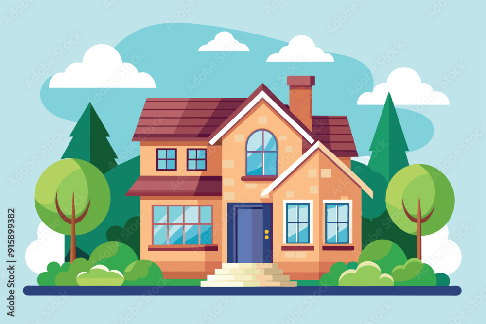 A charming house is set among lush greenery and hills under a clear blue sky, showcasing the potential for personalized home designs A charming house is set among lush greenery and hills under a clear blue sky, showcasing the potential for personalized home designs