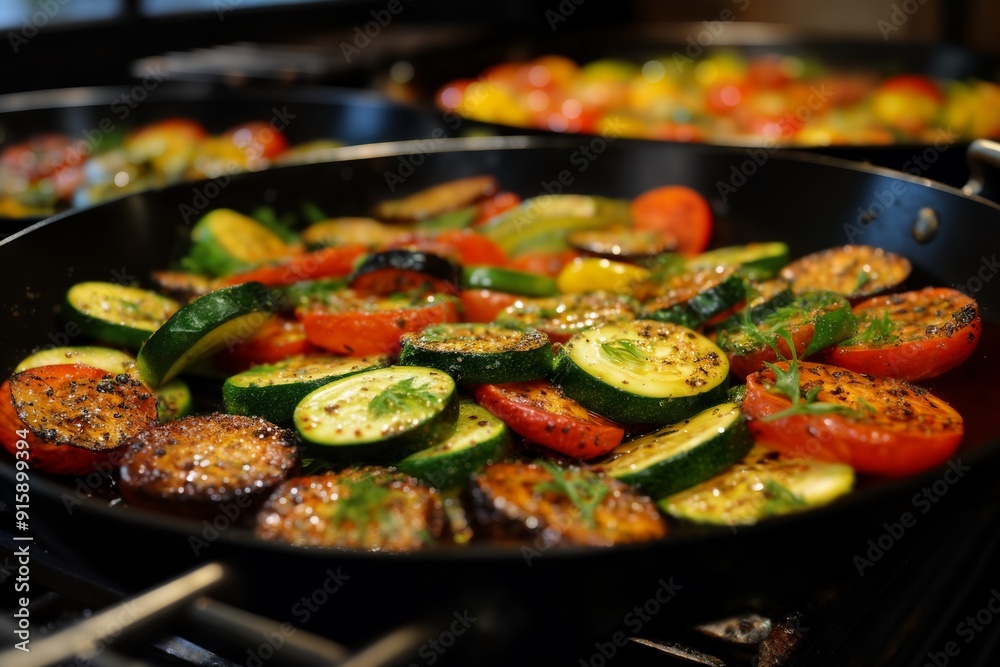 frying pan with fried zucchini, tomatoes, herbs and vegetables, delicious food frying pan with fried zucchini, tomatoes, herbs and vegetables, delicious food