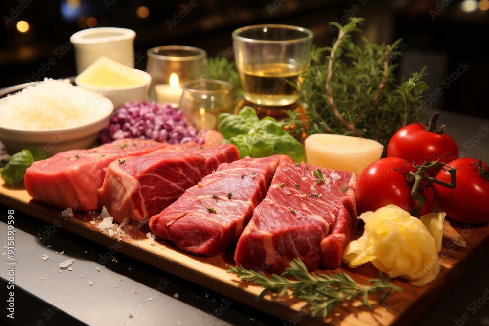 raw sliced meat and vegetables and herbs on a wooden board, delicious food raw sliced meat and vegetables and herbs on a wooden board, delicious food