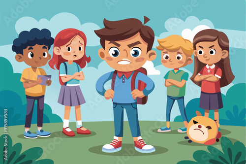 A group of children stands in a park, with one boy looking angry while his peers appear concerned or defiant about the situation unfolding around them