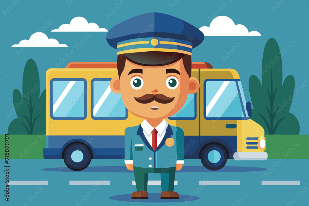A friendly bus driver stands proudly in front of his bright yellow bus, surrounded by green trees and a clear blue sky A friendly bus driver stands proudly in front of his bright yellow bus, surrounded by green trees and a clear blue sky