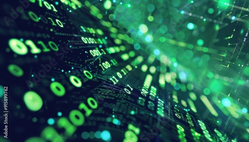 Digital Data Flowing Through Cyber Space With Green Binary Code and Abstract Patterns