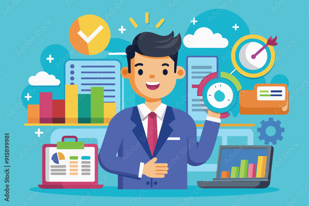 Fototapeta premium A cheerful professional stands confidently holding a clock, surrounded by colorful charts and graphs, representing business analytics and data-driven decision-making