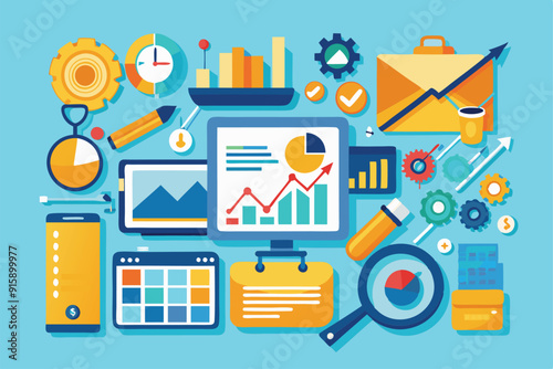 Various business analysis tools displayed, including graphs, charts, and gears, showcasing data evaluation and strategic planning processes