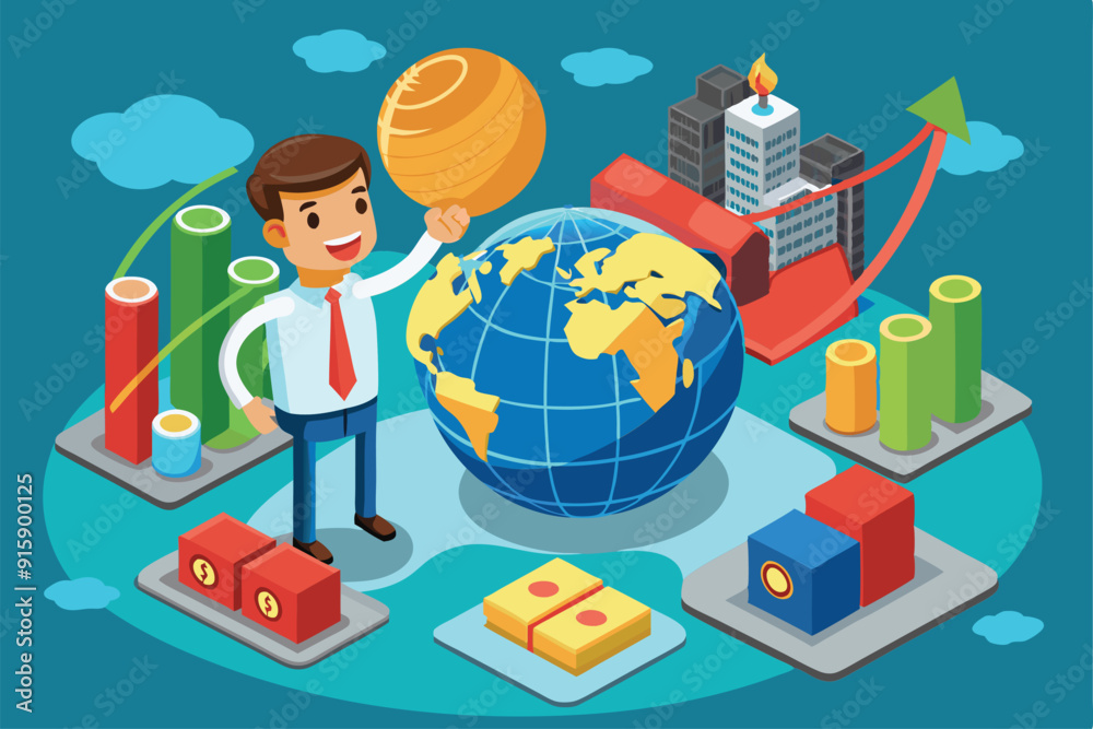 Fototapeta premium A cheerful businessman holds a globe as he showcases trading charts and banking visuals, symbolizing globalization and economic growth in a vibrant setting