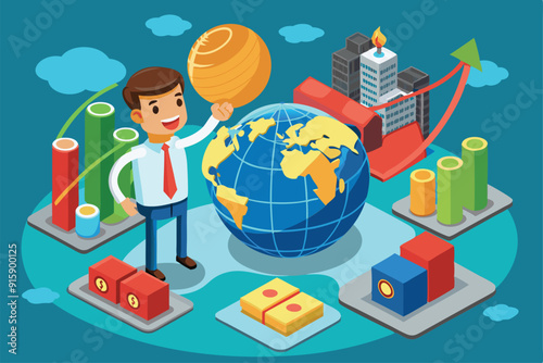 A cheerful businessman holds a globe as he showcases trading charts and banking visuals, symbolizing globalization and economic growth in a vibrant setting