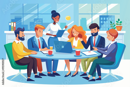 A diverse group of business professionals collaborates at a round table, sharing ideas and discussing strategies in a bright, contemporary office environment