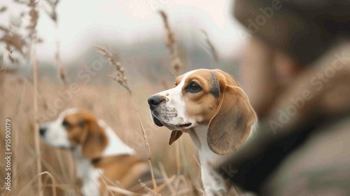 Hunters Walking Through Foggy Field With Dogs in Autumn