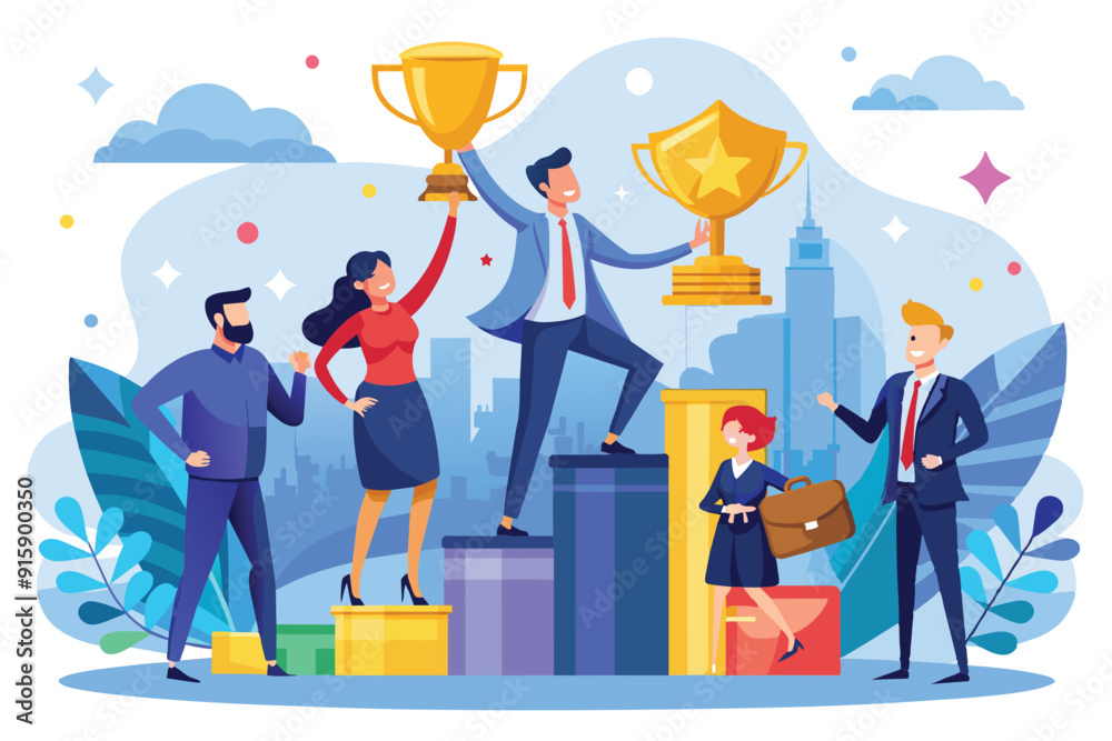 A diverse group celebrates success in a business competition, showcasing trophies while standing on podiums in an urban environment A diverse group celebrates success in a business competition, showcasing trophies while standing on podiums in an urban environment