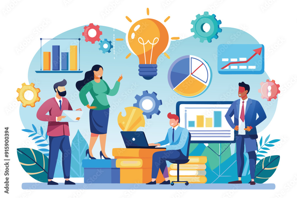 Professionals engage in a business consultation, analyzing data, sharing ideas, and strategizing for future growth in a collaborative office setting Professionals engage in a business consultation, analyzing data, sharing ideas, and strategizing for future growth in a collaborative office setting