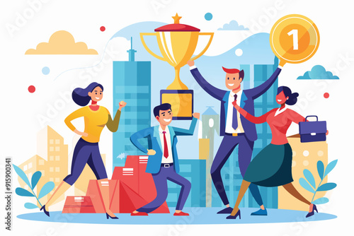 A group of professionals joyfully celebrates their victory in a business competition, showcasing trophies and their achievements in an urban environment
