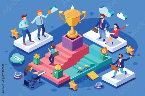 Participants actively compete in a vibrant setting, showcasing teamwork and creativity to reach the top and earn accolades in a business competition