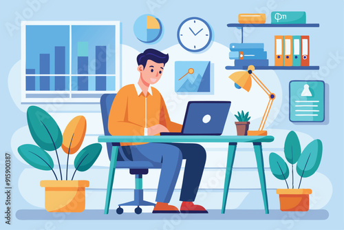 A man is focused on his laptop while seated at a desk surrounded by plants, shelves, and office supplies in a bright office setting