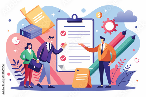 Two business professionals are discussing a contract while surrounded by colorful graphics representing productivity and collaboration