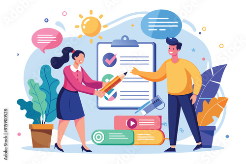 Two business professionals collaborate on a contract while surrounded by plants, charts, and colorful documents, representing successful teamwork and planning