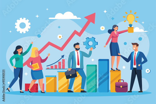 A diverse team collaborates energetically, presenting ideas and tools to enhance business profitability and innovation in a modern office setting