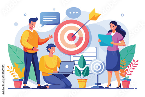 Three professionals engage in a collaborative discussion about designing trending targets while utilizing digital tools and resources in a bright workspace