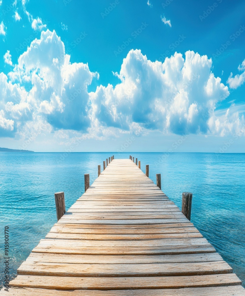 Wooden dock extending into the sea, blue sky with white clouds, background, flat composition Wooden dock extending into the sea, blue sky with white clouds, background, flat composition