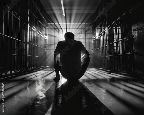 Inside a dimly lit prison cell, a convict sits pensively on a bunk, bars casting shadows, evoking a sense of solitude, Noir, Monochrome, High contrast photo