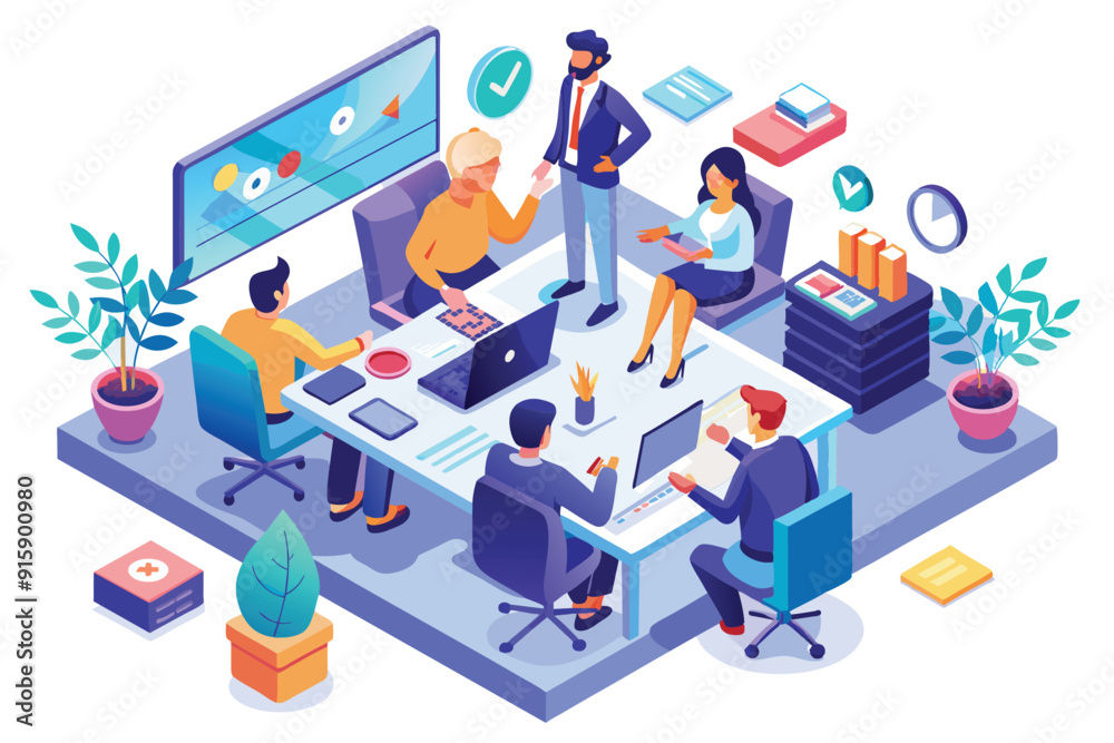 Professionals collaborate around a table, discussing customizable business decisions with technology and visual aids during a contemporary meeting Professionals collaborate around a table, discussing customizable business decisions with technology and visual aids during a contemporary meeting