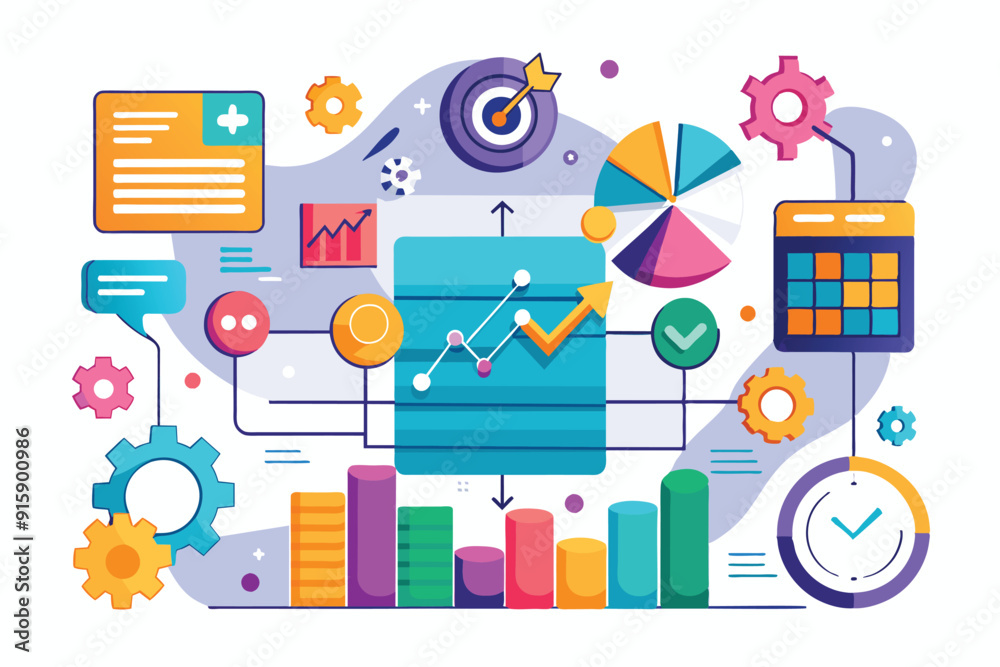 Business diagram illustrates various metrics, charts, and tools for analyzing growth and performance trends in a corporate environment Business diagram illustrates various metrics, charts, and tools for analyzing growth and performance trends in a corporate environment