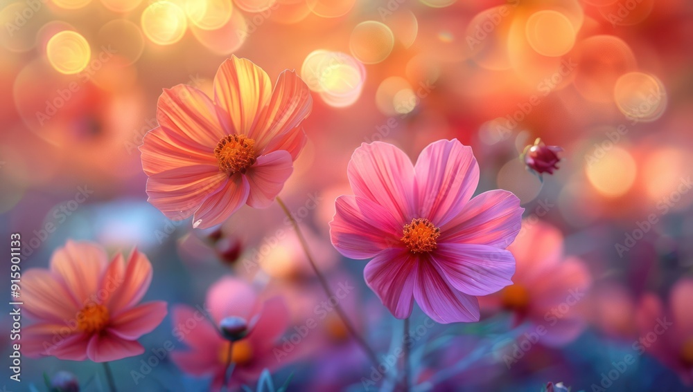 Softly Lit Cosmos Flowers in a Summer Field Softly Lit Cosmos Flowers in a Summer Field
