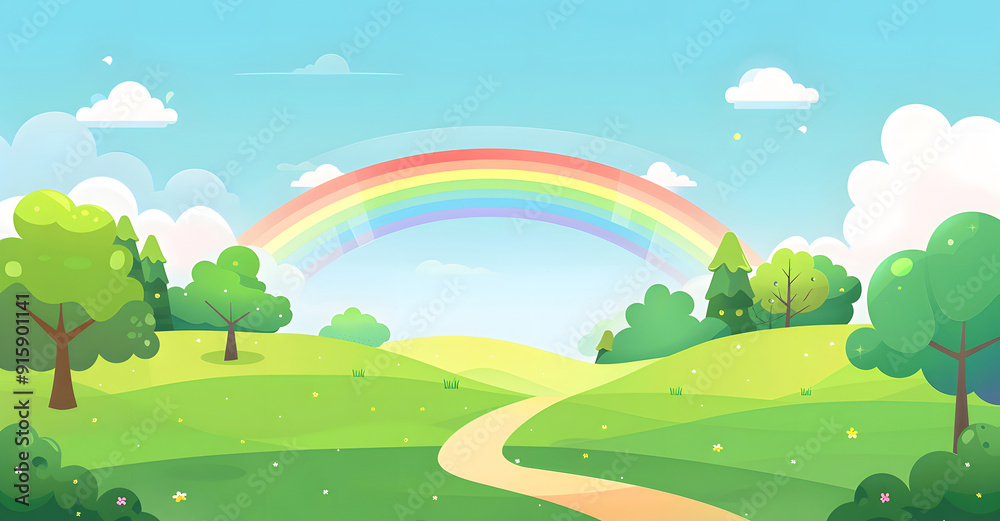Green fields with mountains with a rainbow in the background design Green fields with mountains with a rainbow in the background design