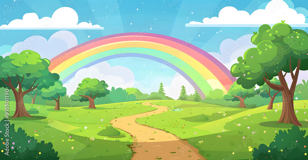 Obraz premium Green fields with mountains with a rainbow in the background design