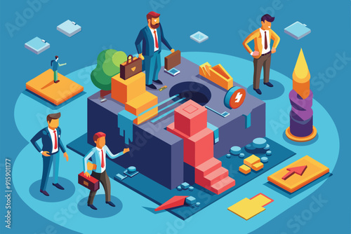 Characters explore a conceptual workspace illustrating the challenges and dynamics of business failure with customizable isometric elements