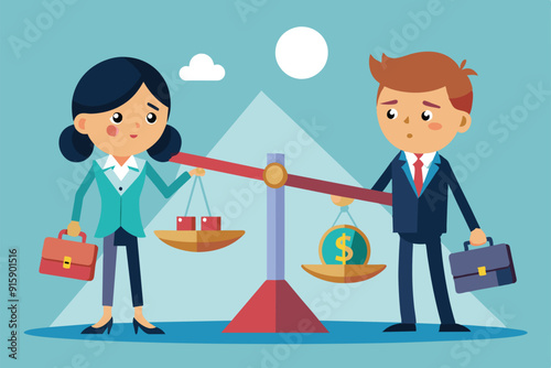 A female and male character balance briefcases and scales, symbolizing business inequality amidst a simple, colorful background