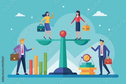 Professionals depict the concept of business inequality, balancing on scales while holding briefcases, surrounded by charts and stacks of books