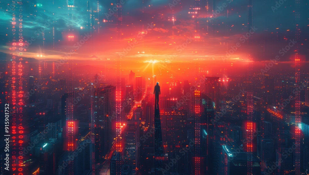 Obraz premium Solitary Figure in a Digital Cityscape