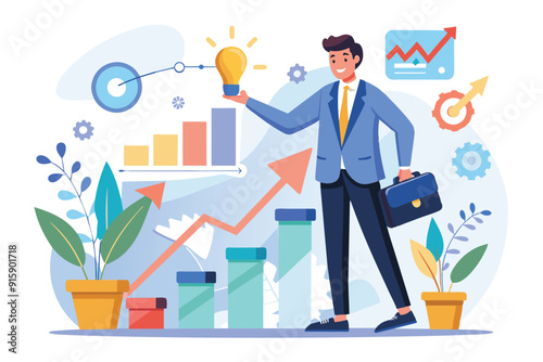 A businessman is confidently analyzing growth strategies while holding a light bulb, surrounded by graphs and plants in a contemporary office environment