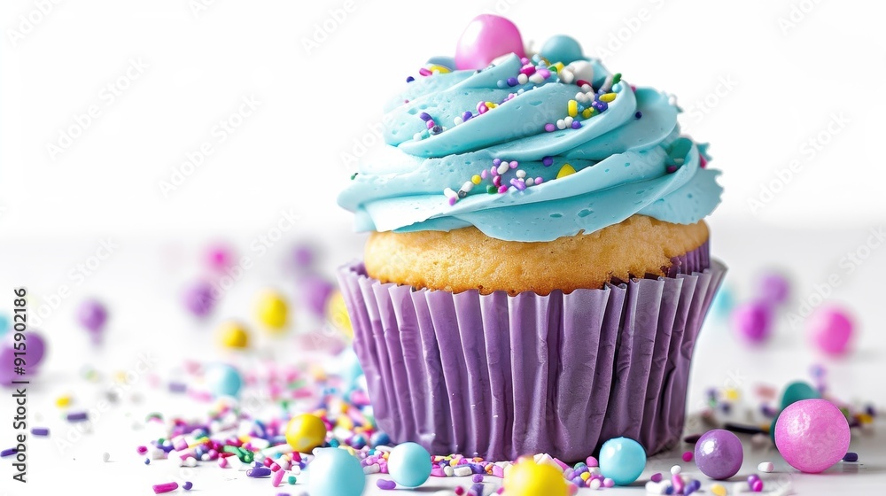 A delicious cupcake with blue icing and vibrant sprinkles displayed on a white background A delicious cupcake with blue icing and vibrant sprinkles displayed on a white background