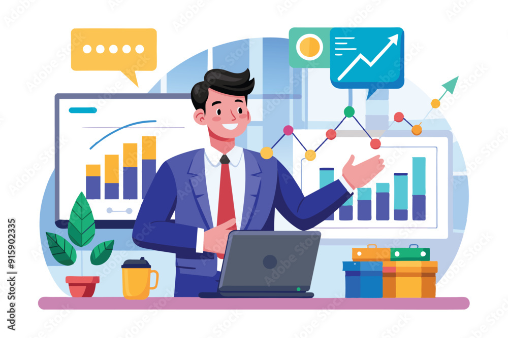 A businessman enthusiastically shares insights on online trading trends while using visual aids in a contemporary office environment A businessman enthusiastically shares insights on online trading trends while using visual aids in a contemporary office environment