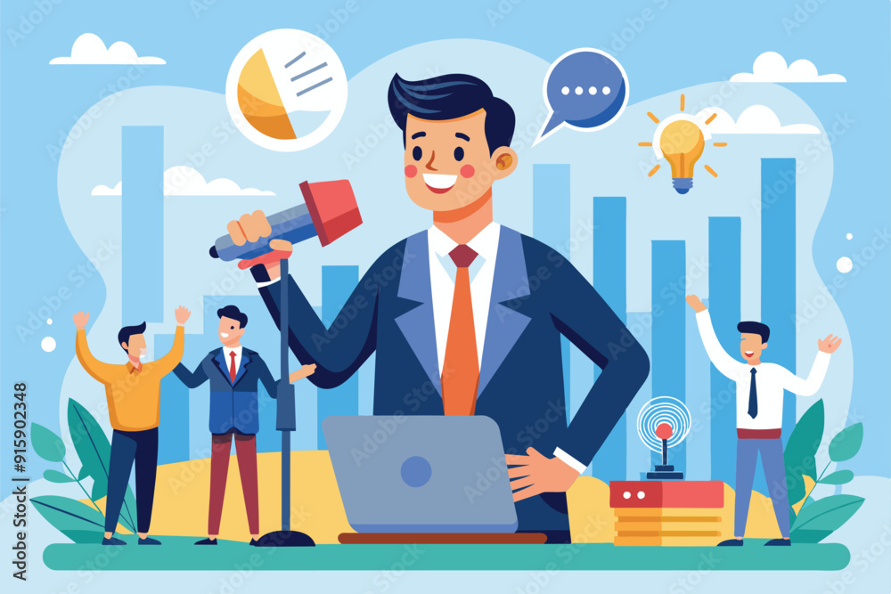 A businessman enthusiastically presents a new project with a microphone while colleagues celebrate and engage in an office environment A businessman enthusiastically presents a new project with a microphone while colleagues celebrate and engage in an office environment