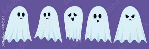 Cute Halloween Ghots. Spooky season ghost characters. Set of cute ghosts with different emotions. Smiling, disappointed, touched, surprised, scared, angry ghost. 