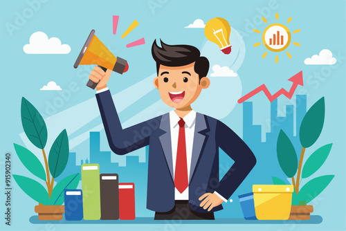 A businessman enthusiastically announces a new project while standing in a modern office surrounded by greenery and growth symbols