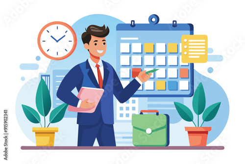 A businessman in a suit is coordinating meetings while holding a planner, surrounded by plants, a calendar, and a clock in a modern office