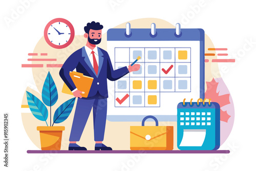 A businessman marks a schedule on a calendar while preparing for an important meeting in a modern office decorated with a plant and a clock