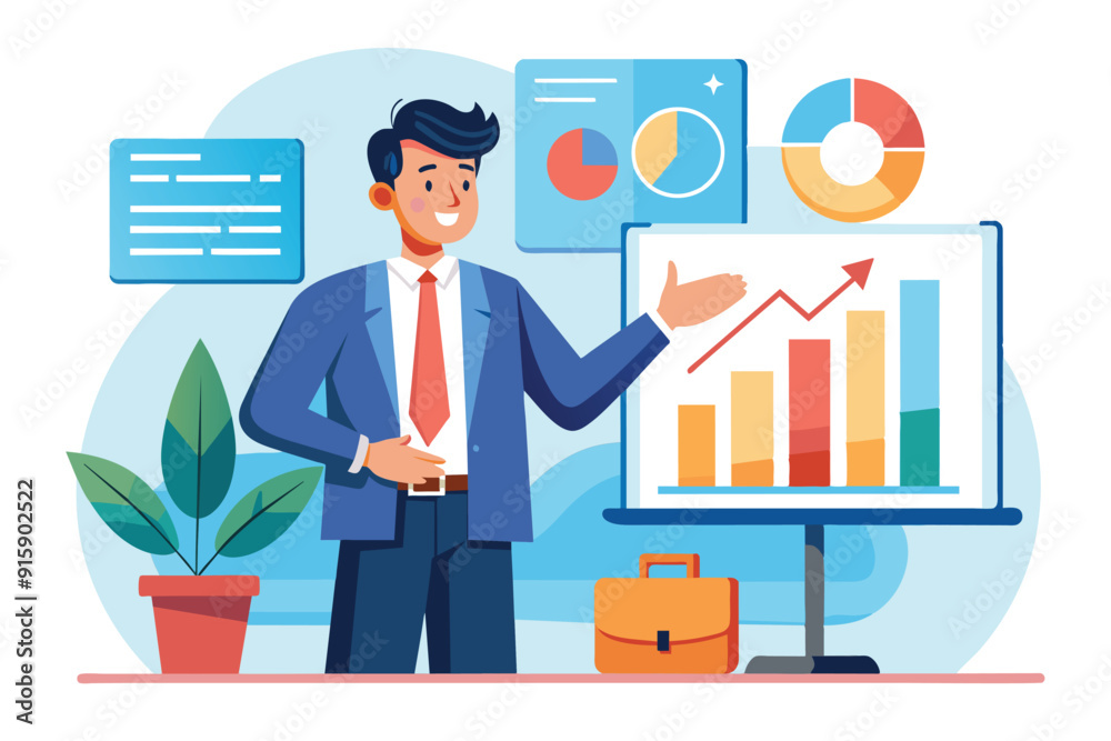A businessman confidently presents financial data with colorful graphs and charts in a contemporary office environment A businessman confidently presents financial data with colorful graphs and charts in a contemporary office environment