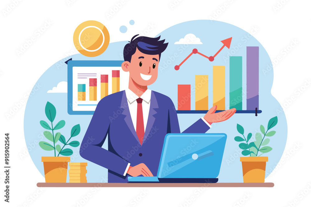 Fototapeta premium A businessman enthusiastically presents growth data using a laptop in a modern office, showcasing charts and financial visuals to an engaging audience