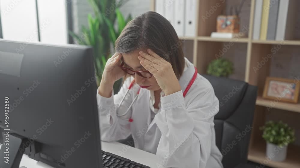 Stressed female doctor wearing glasses in a clinic office with hands on her head in front of a computer Stressed female doctor wearing glasses in a clinic office with hands on her head in front of a computer