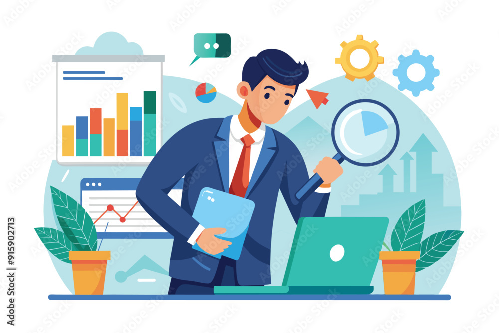 A businessman reviews data trends using a magnifying glass and laptop in a contemporary office filled with graphs and charts A businessman reviews data trends using a magnifying glass and laptop in a contemporary office filled with graphs and charts
