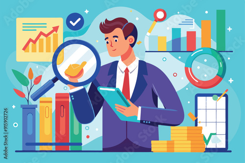 A businessman inspects data with a magnifying glass while surrounded by colorful charts and graphs, portraying a focus on analytics in a contemporary workspace
