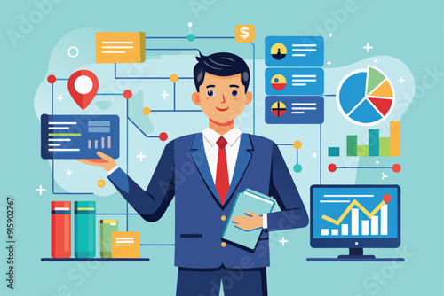 A businessman engages with flowcharts and digital data in a contemporary office, showcasing visual analytics and strategic planning