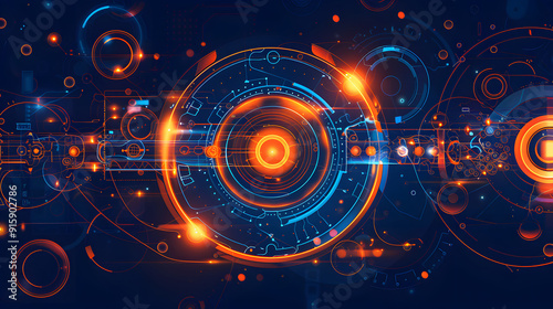 Abstract technology background with orange and blue color vector illustration, digital geometric tech pattern for banner or poster design, circuit board, futuristic concept design