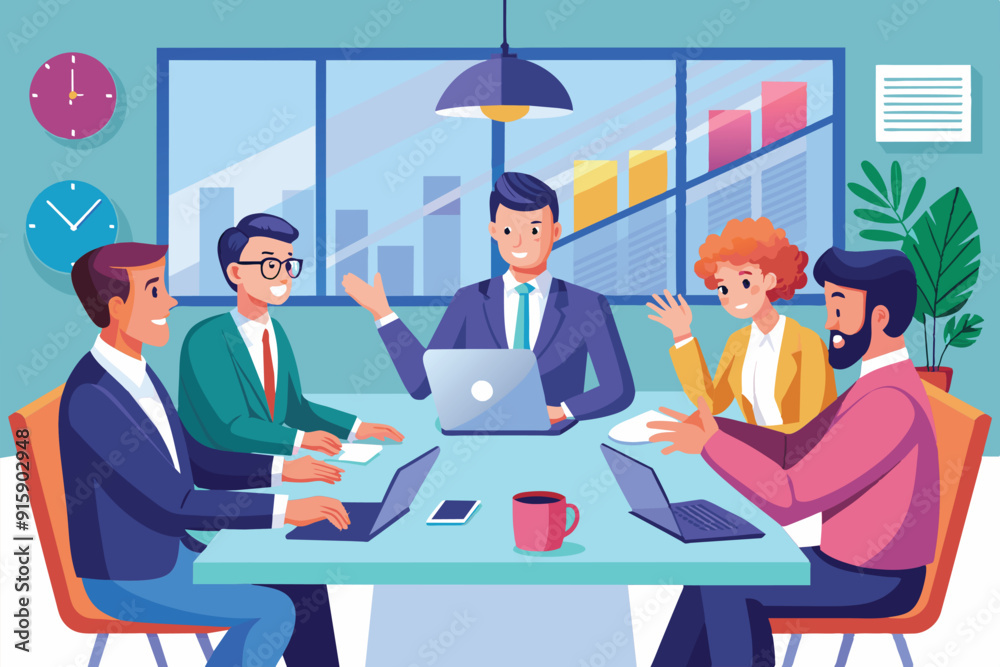 Business professionals collaborate on a brand management agreement, discussing strategies and ideas in a contemporary office environment