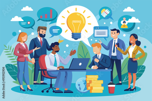 A diverse group of business professionals shares ideas and strategies while brainstorming around a laptop in an office setting